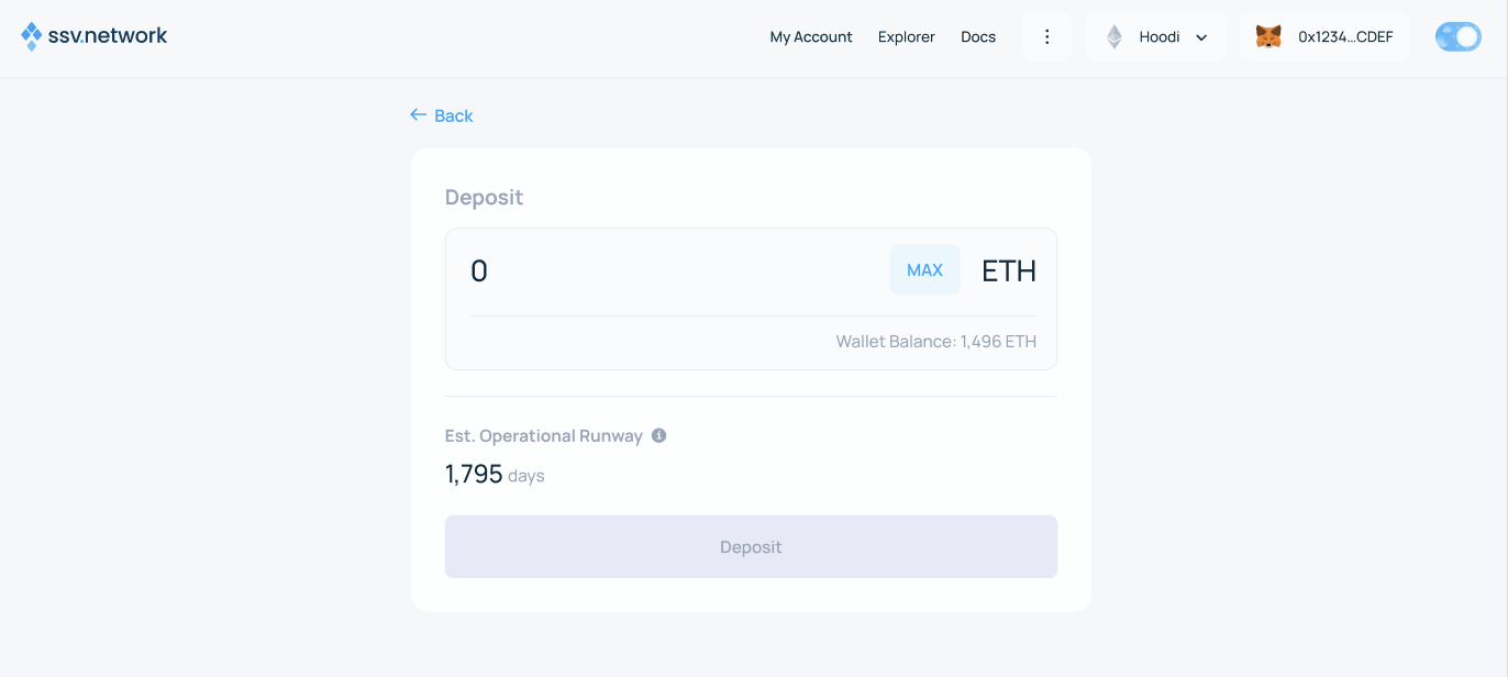 Deposit ETH to cluster balance